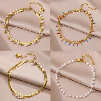 Anklets for Women Summer Beach Accessories Stainless Steel Imitation Pearl Chain Anklet Gold Color Leg Bracelets Bodychain Gifts
