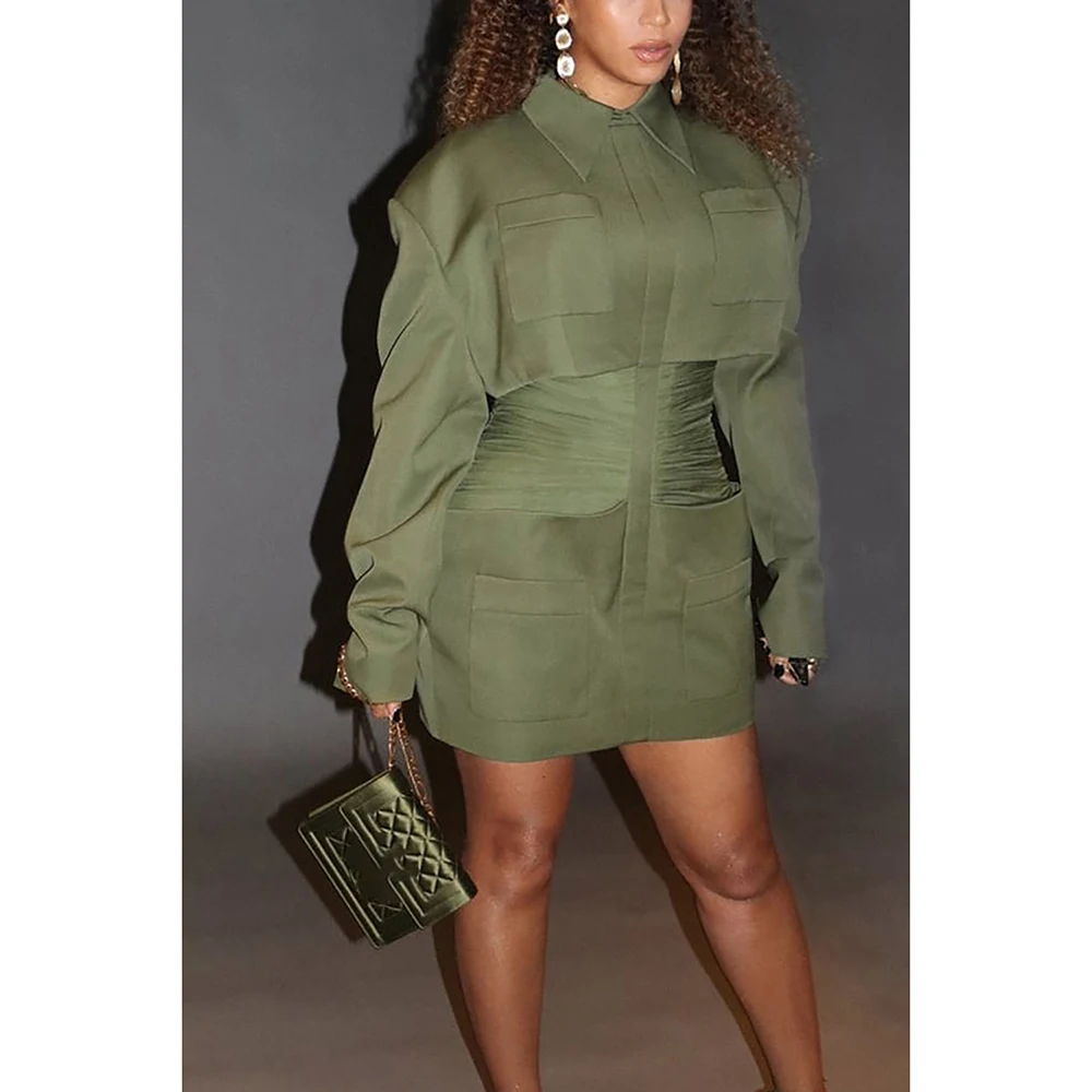 Plus Size Business Casual Dress Olive Green Ruffled Shirtdress Long Sleeve Mini Dress