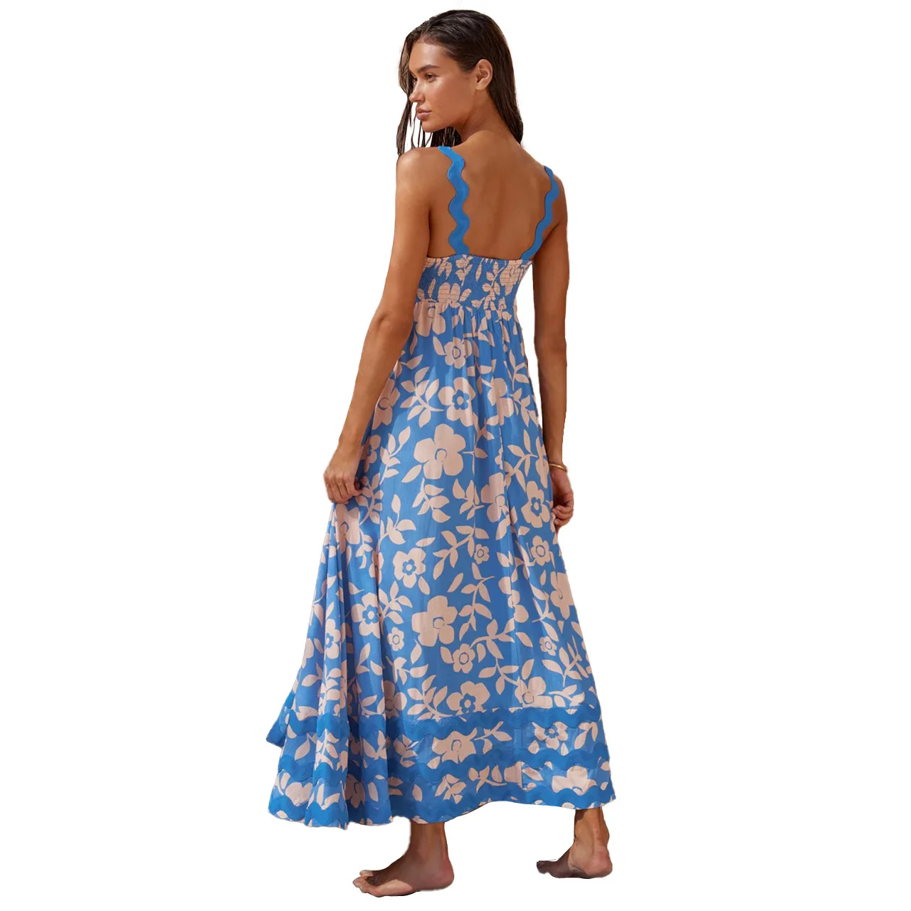 Bohemian Summer Printed A-line Long Dress Sexy Backless Holiday Beach Spaghetti Strap Dresses For Women Maxi Vestidos Para Mujer