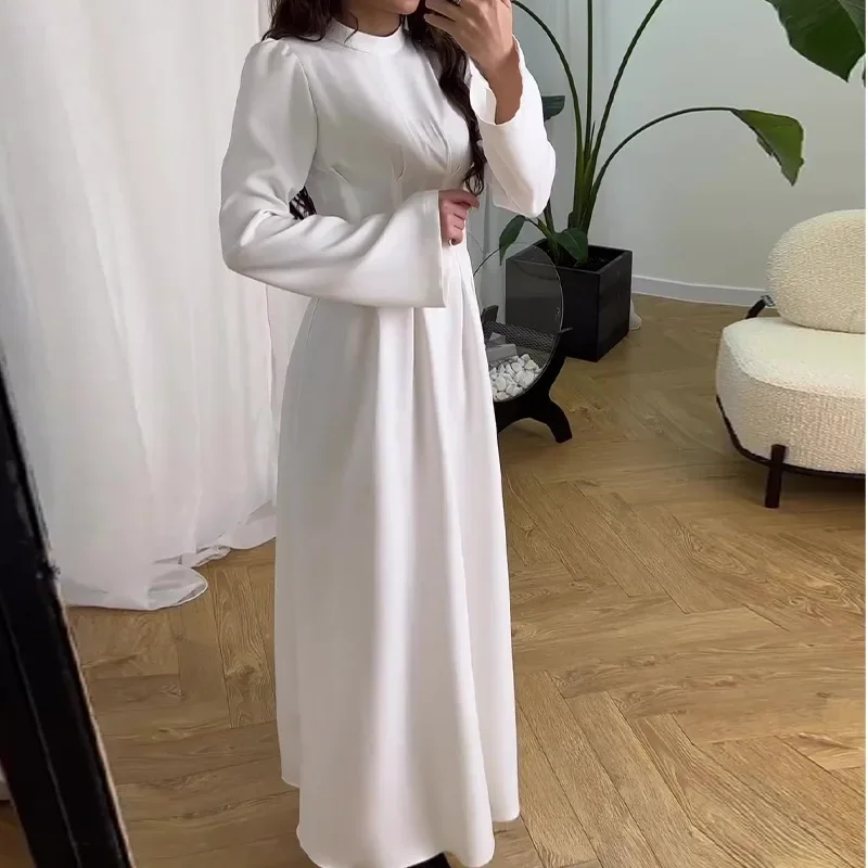 

Новинка осеннее однотонное нежное и элегантное Плиссированное стройнящее платье с круглым вырезом для женщин