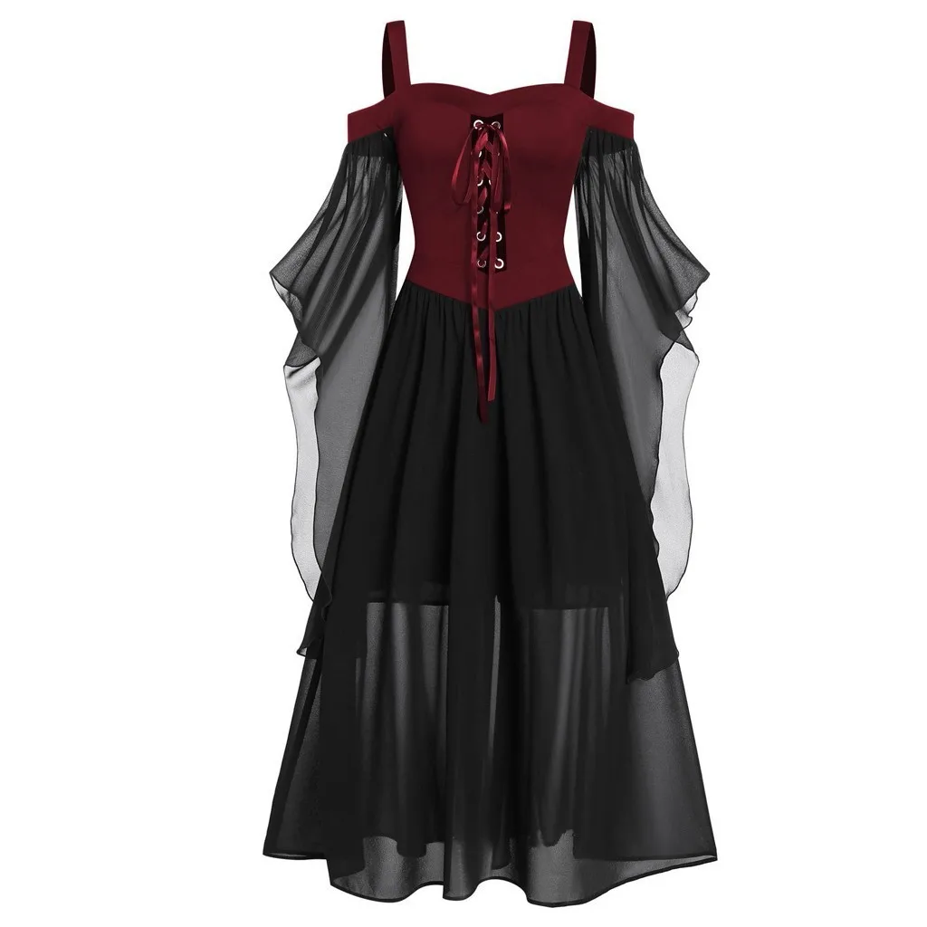 

Vintage Women Halloween Witch Cosplay Costumes Gothic Off Shoulder Lace-up Bandage Mesh Sheer A-line Long Cami Dress Party Wear