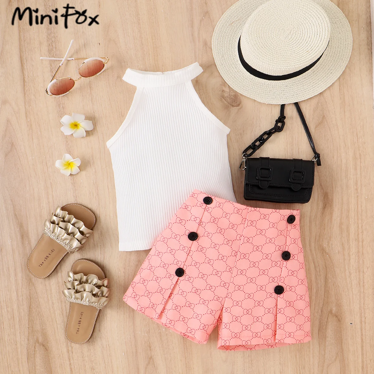 MiniFox 여아용 의상 세트, 민소매 홀터 탑 및 하이 웨이스트 체인 프린트 반바지, 여름  의류, 2 개