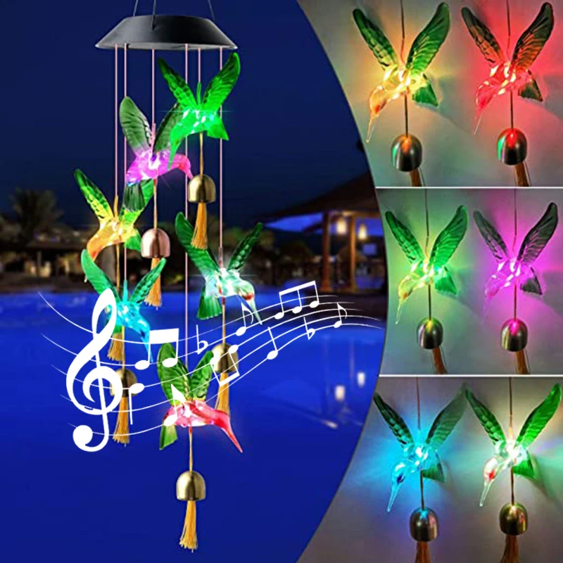 LED Colorful Solar Power Wind Chime Crystal Hummingbird Butterfly Waterproof Outdoor Windchime Solar Light for Garden outdoor