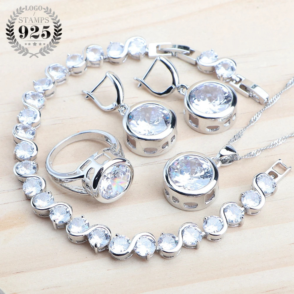 White Zircon Jewelry Sets 925 Sterling Silver Wedding Jewelry Ladies Rings Bracelets For Women Set Earrings Necklace Pendant 1