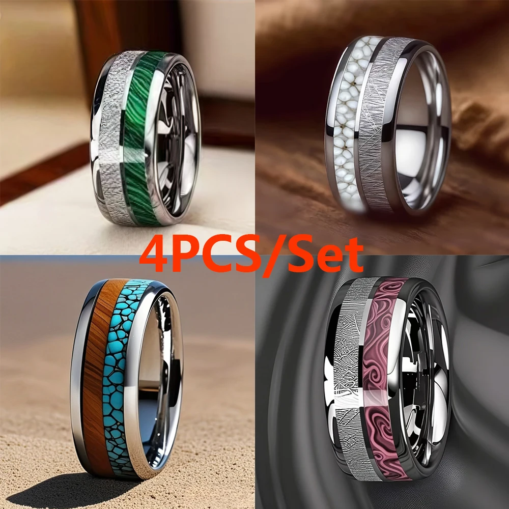 SUNFLOWERZHU Herrenring Edelstahl-Ringset Silberner Edelstahl-Ehering Versprechen-Ring mit Meteorit-Einlage Schmuck für Männer