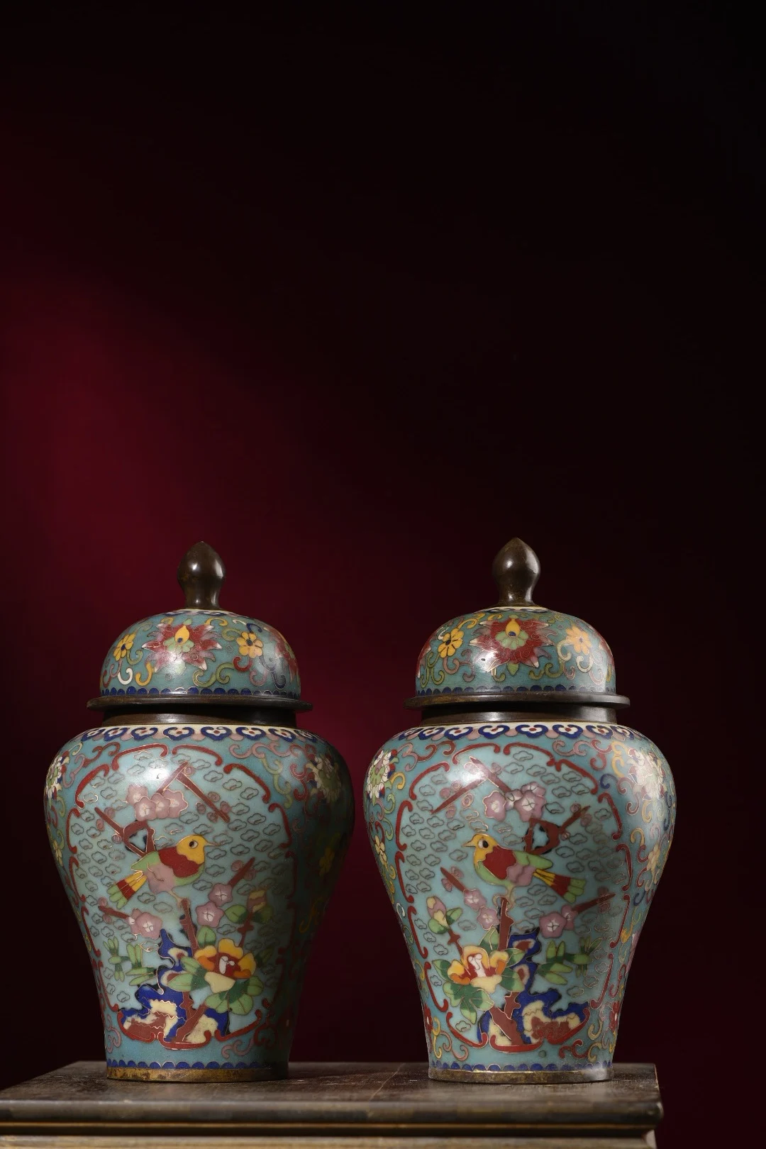 

10"Tibet Temple Collection Old Bronze Cloisonne Enamel Magpie Plum Blossom Texture General tank Storage jar A pair Town house