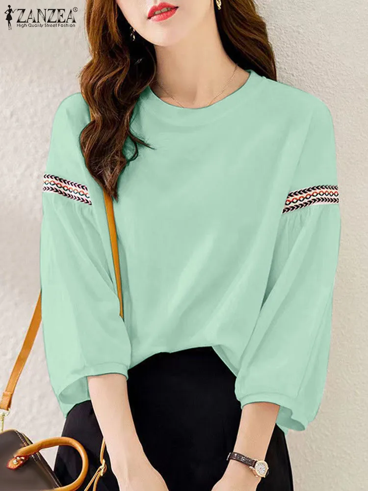 

Женская блузка ZANZEA с круглым вырезом, лето 2024, рубашка с рукавом-фонариком, блузки в стиле пэчворк, повседневные свободные топы