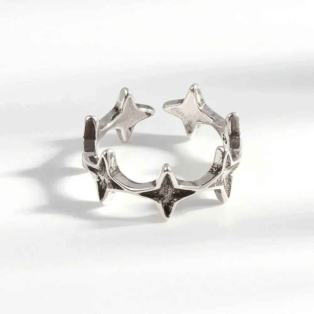 Retro Punk Stars Adjustable Ring Silver Color for Women Vintage Opening Ring Daily Party Finger Jewelry Gift