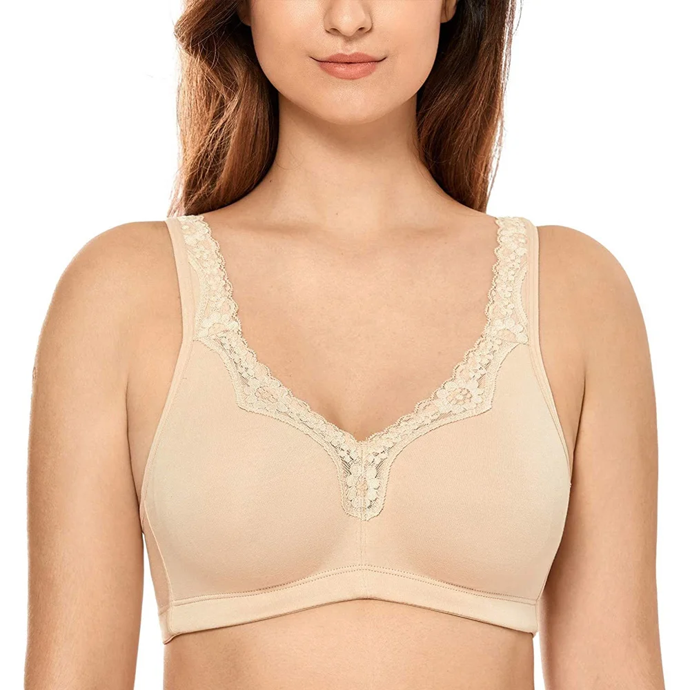 Cotton Bra Non Padded Lace Trim Plus Size Wirefree Soft Cup Sleeping Underwear Wire free Minimizer Bra For Women C D E F G H I