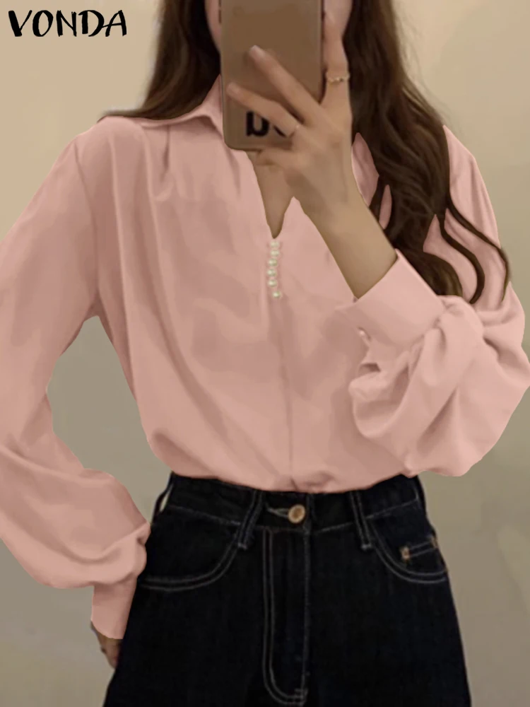 

VONDA Women Pearl Elegant Blouse 2023 Autumn Long Puff Sleeve Tunic Tops Lapel Casual Solid Color Shirts Fashion Blusas Feminina