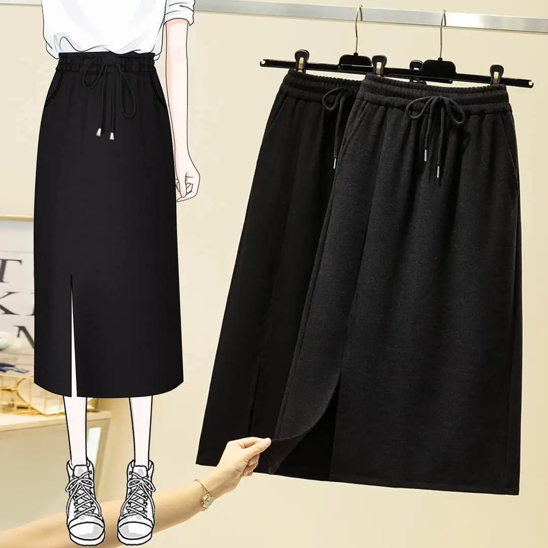 

Black Solid Color Elastic Wasit Long Elegant High-Waisted Women'S Spring Autumn Winter Skirts Korean Style Fashion 2022 Harajuku