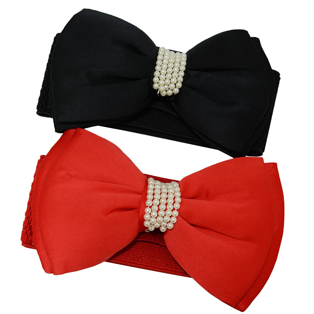 

Women's Bow Pearl Elastic Belt Elastic Belt With Metal Buckle High Quality Belts For Women Luxury Designer Brand SCM0098