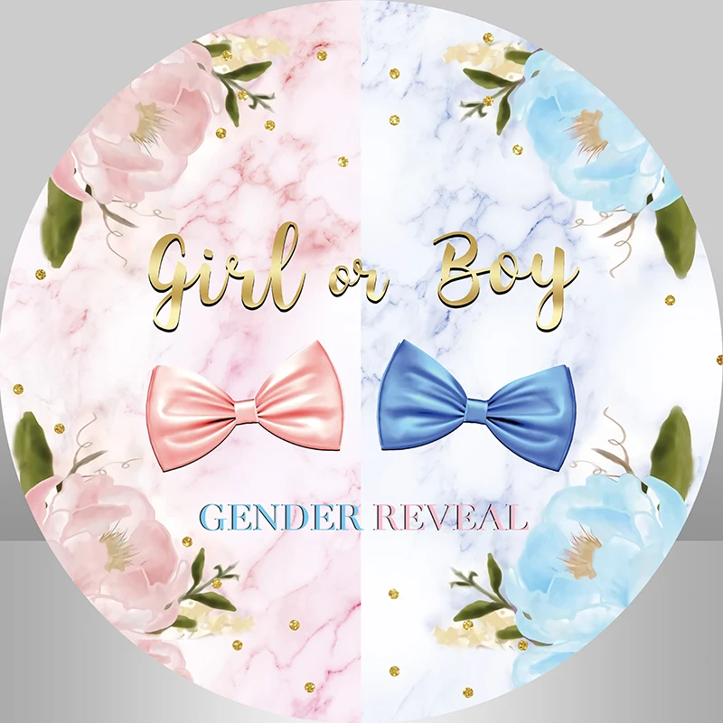 

Gender Reveal Party Round Backdrop Pink Blue Marble Style Flowers Bow Tie Gold Glitter Dots Circle Background