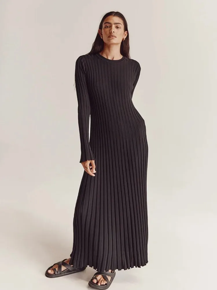 

Elegant Solid Ribbed Knitted Maxi Dress Women Slim O-Neck Long Sleeve Lace Up A-Line Dresses 2023 Autumn Lady Streetwear Robe
