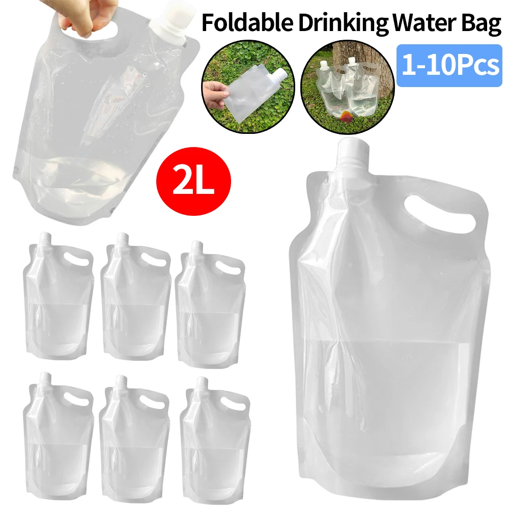 1-10Pcs 2L Foldable Drinking Water Bag Transparent Camping Bucket Water Container Jug Bottle Pouch Outdoor Travel Hiking Supply