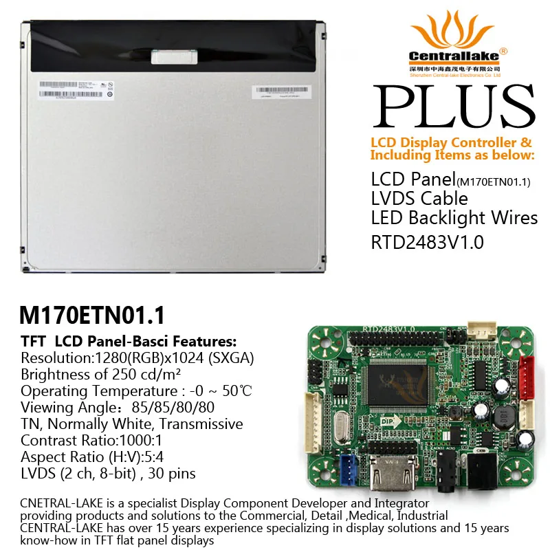 

Hot Sale for 17″LCD Industrial Display Screen Includes Controller Board RTD2483V1.0 Plus 17 Inch Panel M170ETN01.1