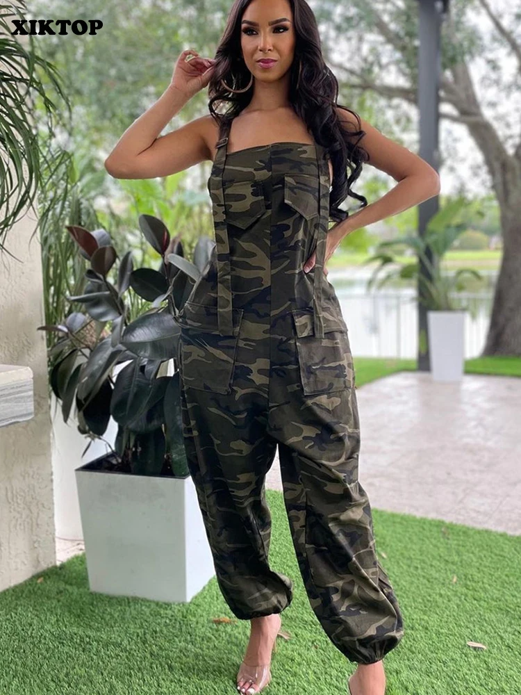 

XIKTOP Camoflage Long Jumpsuit Women Fashion Pockets Patchwork Backless Overalls Casual Matching Cargo Jumpsuits Romper Street