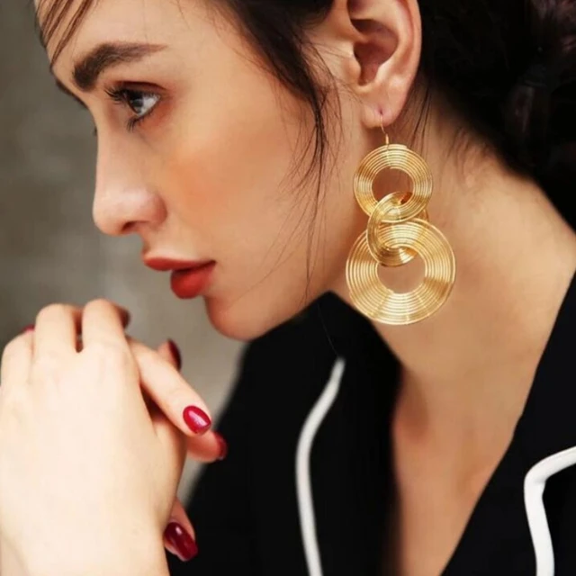 3 Circles Long Hanging Earrings for Women Gold Color Multi-layers Wrap Round Big Statement Exaggerated FashionEar Jewelry
