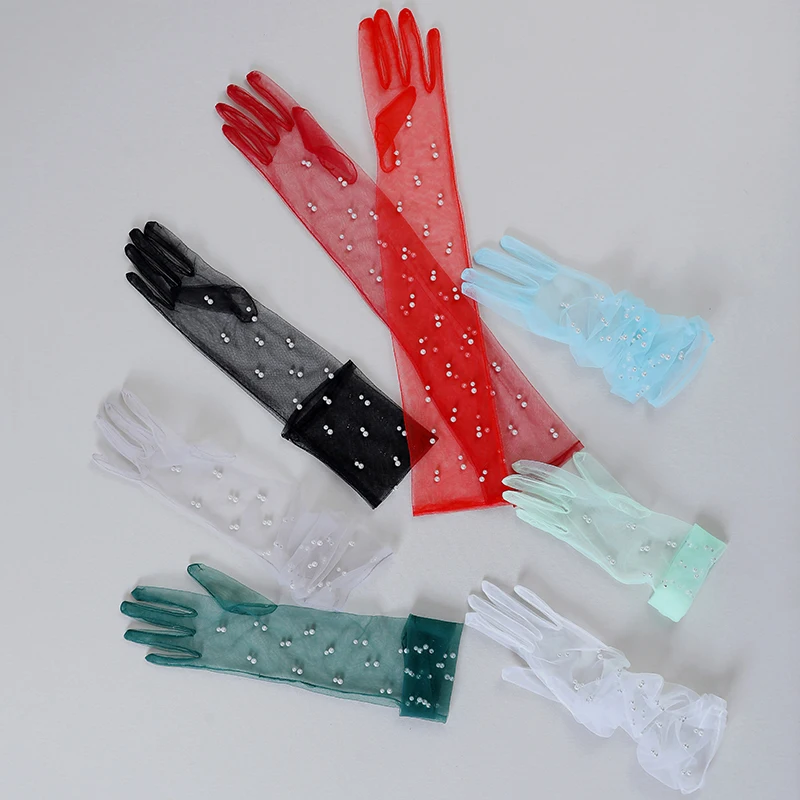 

Sexy Sunscreen Driving Gloves Ultra Thin Full Finger Mittens Women Pearl Lace Gloves Long Tulle Gloves Net Yarn Cosplay Mittens