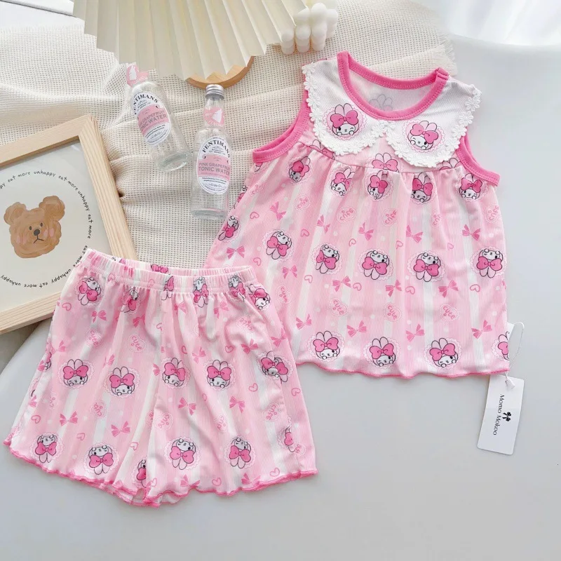 Kawaii Cinnamonals Children's Summer Pajamas Set Baby Girls Cute Princess Wind Sleeveless Vest Shorts Set Cartoon Home Wear