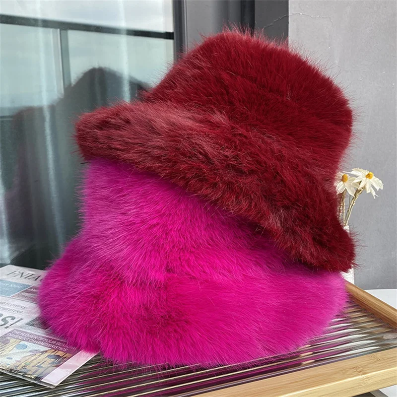 

Faux Fur Hat Women's Elegant Autumn and Winter Fur Fisherman Hat Korean Senior Warm Bucket Hat 2022 New Color