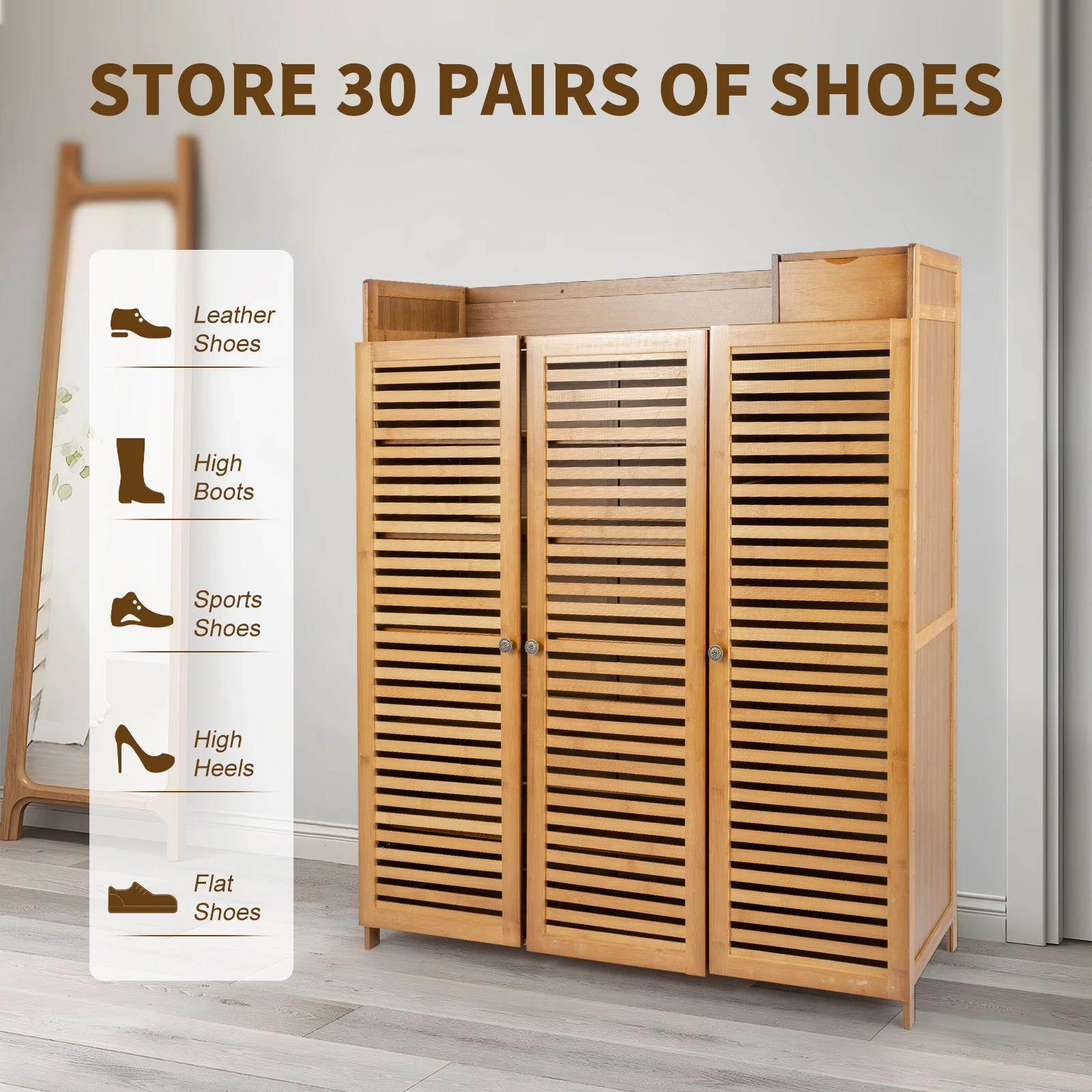 7 Layer Bamboo Shoe Storage Cabinet Shelve Free Standing Shoe Rack Shoe Organizer with Door Accommodates 30 Pairs 5