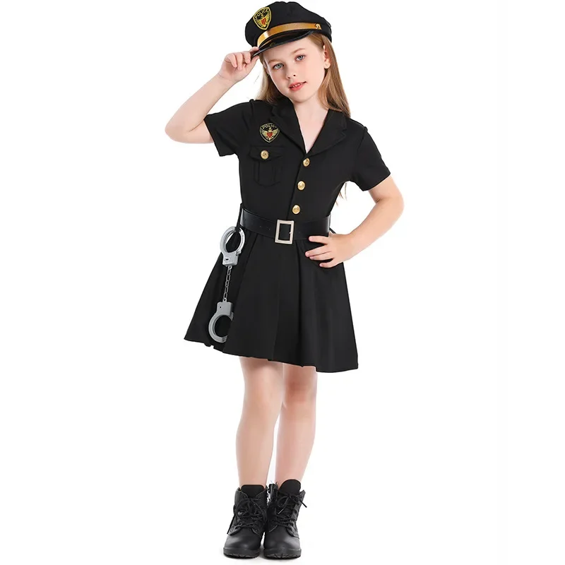 Cosplay Costume Children Police Role Play Dress Up Female Officer Belt Uniform Carnival Party Performance Halloween Toys Gifts
