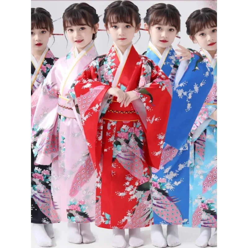 

High Quality Children Girls Red Japanese Kimono Bathrobe Gown Print Flower Performance Clothing Soft Cosplay Costume