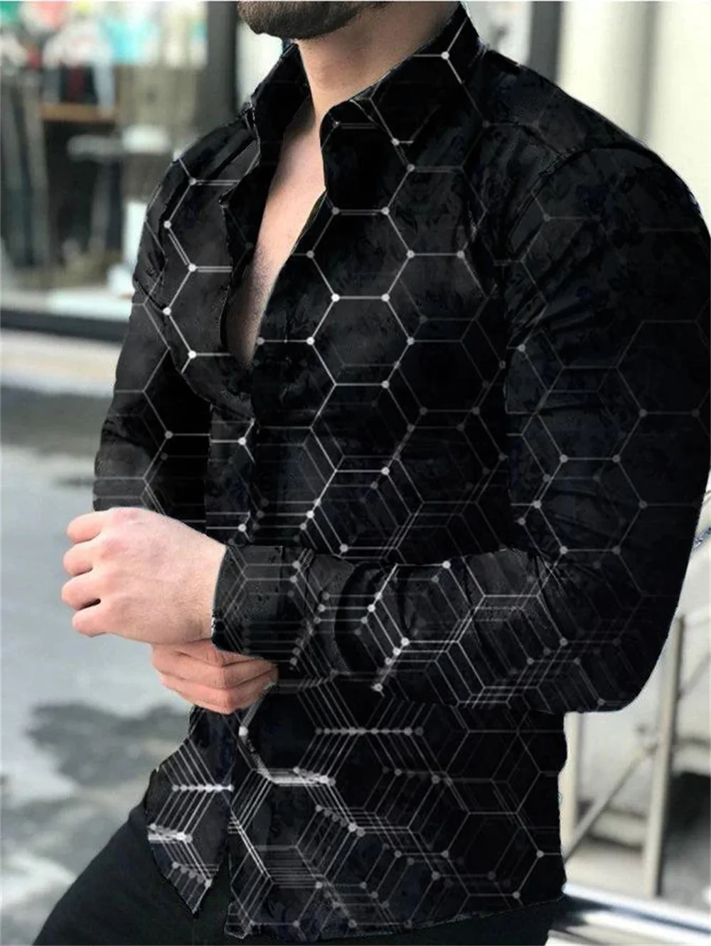 남성용 3D 프린트 긴팔 셔츠, 라펠 단추 셔츠, 파티 클럽 카디건 셔츠, 하이엔드 패션, 골드 라인, S-6XL 2023, 신제품