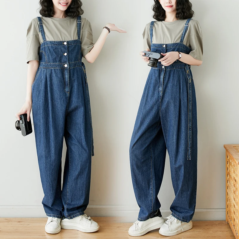 New 2023 Fashion Streetwear Denim Jumpsuits For Women Spring Loose Wide Leg Jeans Overalls Single Button Belt Straps Baggy Pants casual loose plus size jeans jumpsuits women spring autumn print floral denim overalls wide leg dungarees straps baggy pants