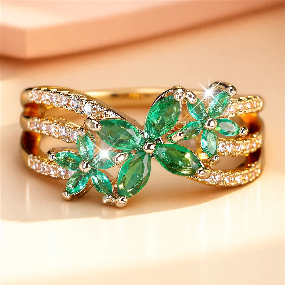 Female Cute Stars Green Zircon Stone Gold Color Wedding Jewelry Promise Engagement Flower Rings For Women