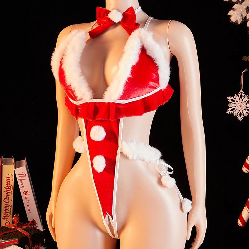 Women's Christmas Sexy Bunny Red Bodysuit Bow Tie Decoration Underwear Deep V Hollow Backless Sexy Christmas Gift Lingerie Set