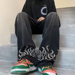 Spring Autumn Men's Jeans Korean Street Men Clothing Hip Hop Casual Jeans Skateboarding Pants BLACK JEANS WITH FLAME EMBROIDERY