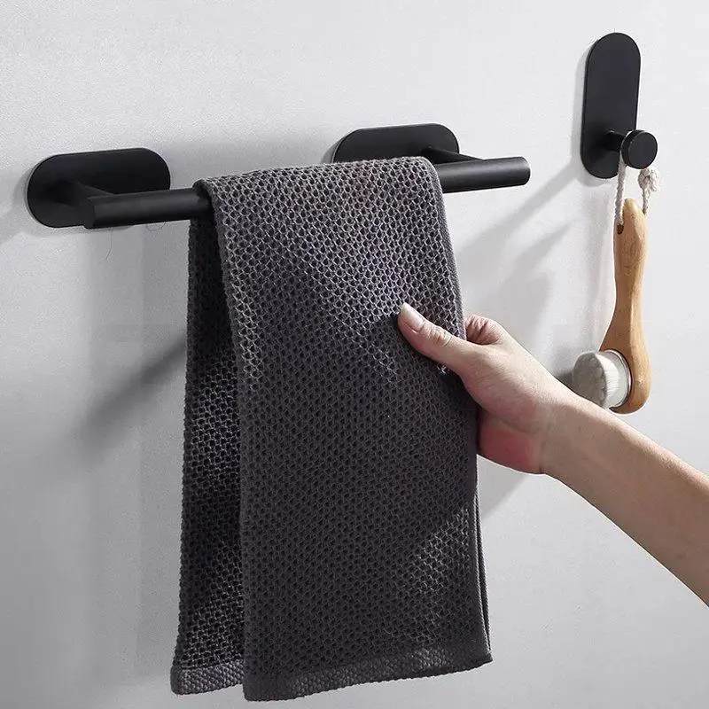 Stainless Steel No Drilling Self-Adhesive Towel Bar Paper Holder Robe Hook Towel Rack Black Silver Gold Bathroom Hardware Set