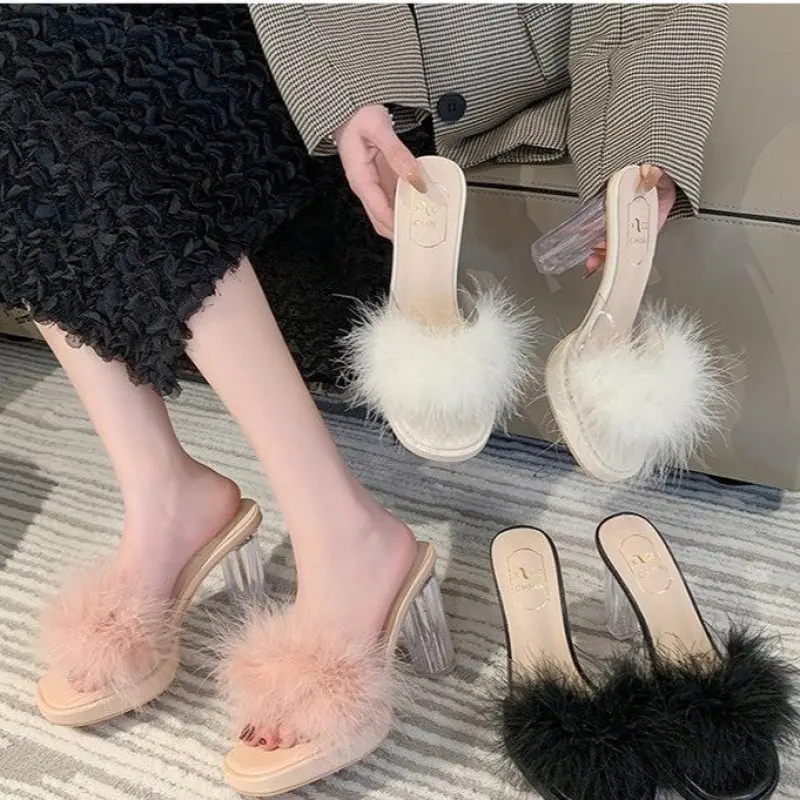 NEW Summer Woman Pumps Transparent Feather Perspex Crystal High Heels Fur Peep Toe Mules Slippers Ladies Slides Sexy Shoes New