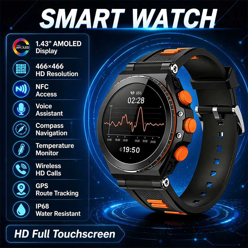 Nuovo Smartwatch Sportivo 2026 con Display AMOLED da 1,43'', Monitoraggio della Frequenza Cardiaca, Chiamate BT, Impermeabile IP68 per Android e iOS