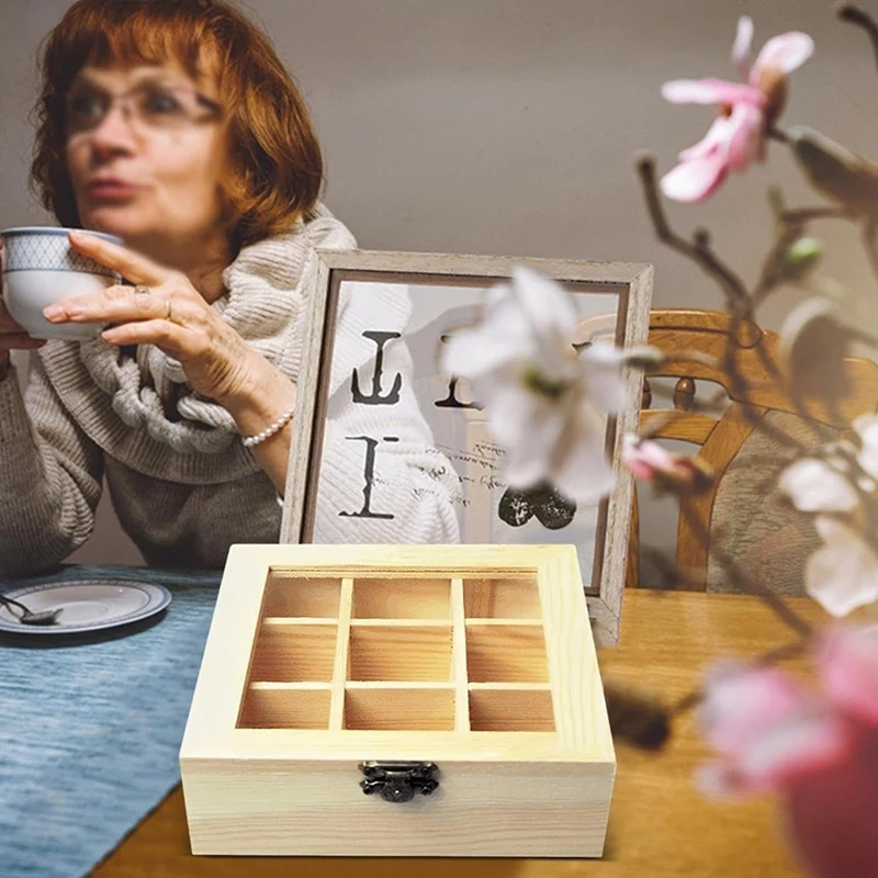 Tea Storage Box With 9 Compartments Transparent Glass Top Multifunctional Storage Box That Can Store Various Tea Bags Durable tea tin box,tea canister
