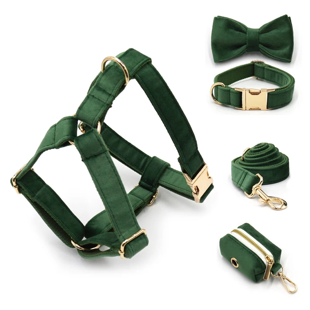 Peacock Green Velvet Collar for Dogs with Engraving Personalized Dog Harness Leash Set Adjustable Non-Escape Pet Collar with Bow dog collar