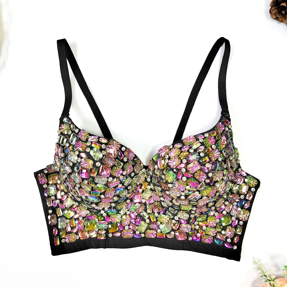 

Women Camis Bra Rhinestones Beads Corset Crop Top Sleeveless Backless Nightclub Stage Sexy Hot Wind Short Bustier 2023 Summer