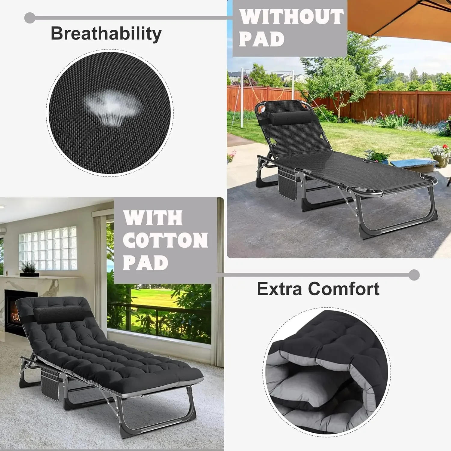 NEW-2PK Oversized Chaise Lounge Chair,5 Positions Padded Outdoor Tanning Chair,Heavy Duty Portable Chair for Sunbathing Patio Po