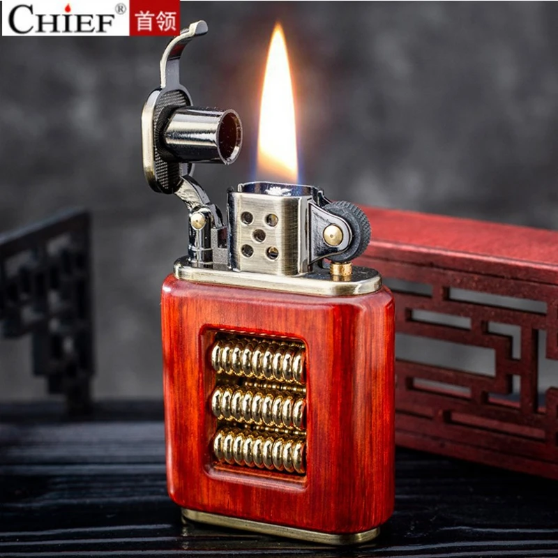 

New CHIEF Solid Wood Windproof Kerosene Oil Lighter Inflated Retro Creative Abacus Grinding Wheel Cigarette Lighter Smoking Gift