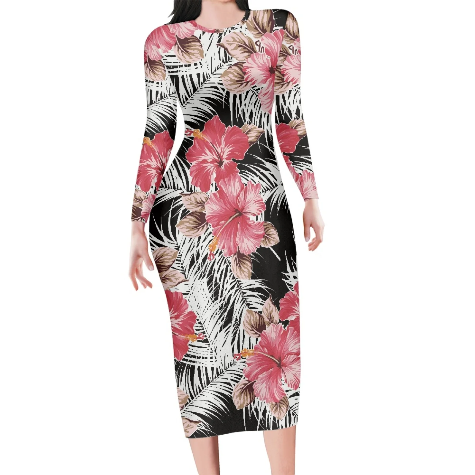 

Polynesian Tribal Fijian Dress for Ladies, Pink Hibiscus Flower Designs, Long Sleeves, Sexy Stylish Comfort Dress, Large Size