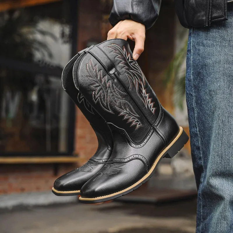 Men High Boots Embroidery Men Boots Retro Pu Leather Western Cowboy Boots Square Toe Casual Shoes Handmade Outdoor Mid-Calf Boot - 4
