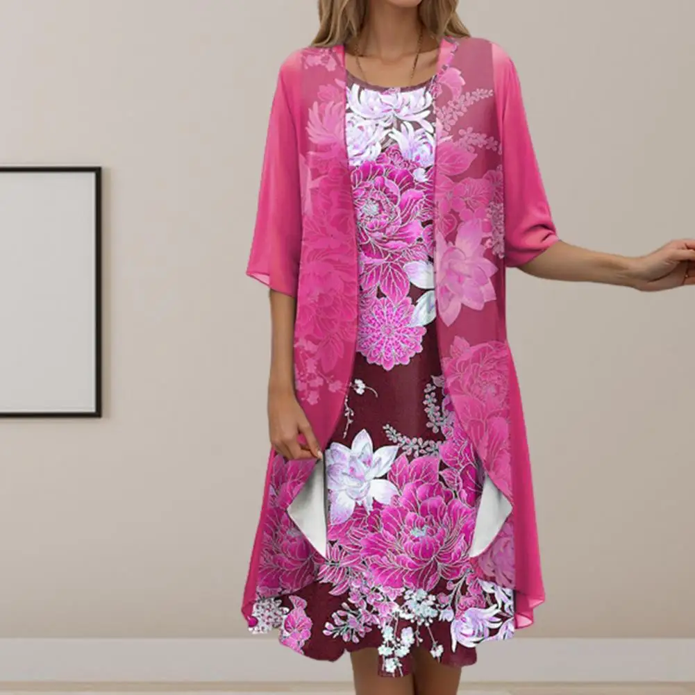 

Shawl Dress Set Elegant Floral Print Midi Dress Set with Sheer Mesh Cardigan Women's Knee Length O Neck Sleeveless for Mid-aged