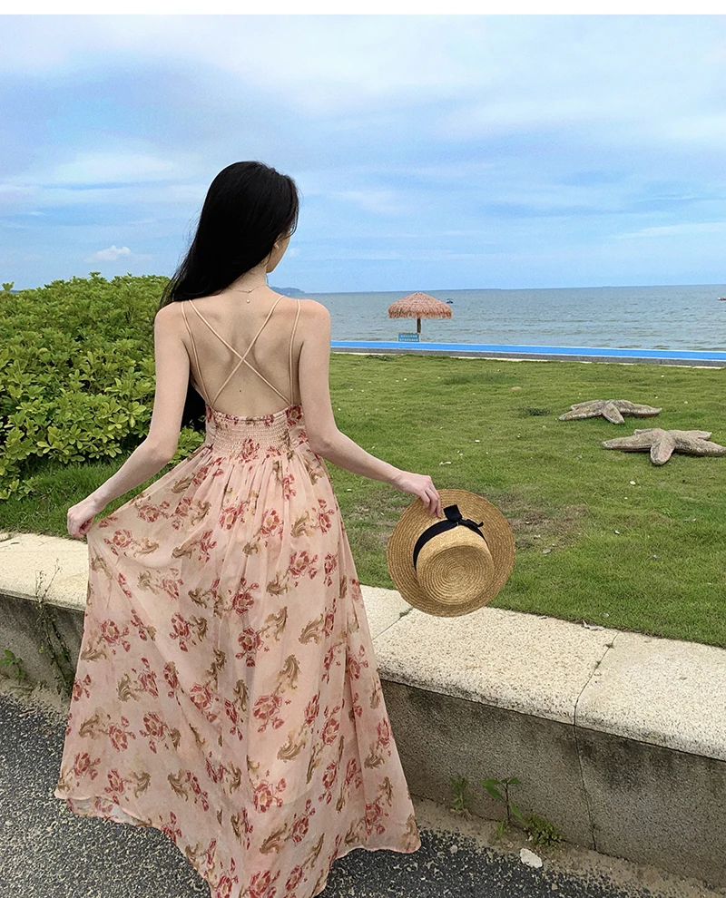 Summer New Spaghetti Strap Floral Long Dresses for Women Backless A-line Beach Style Korean Fashion Party Dress Casual Vestidos
