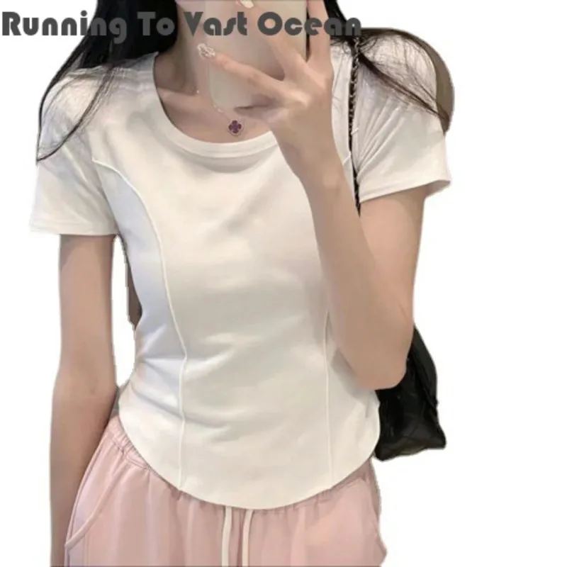

2024 New Summer Shoulder Women's T-shirt Pure Cotton Half Sleeved New Short Irregular Slimming Fishbone Elegant Leisure Trend