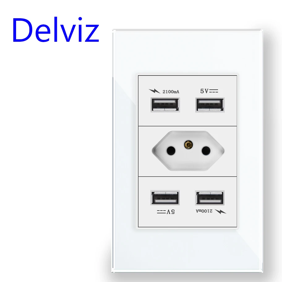 Delviz Brazil Standard Socket, White Tempered Glass Panel, USB socket 2100ma, Size 120mm*72mm, With USB Ports Wall Power Outlet