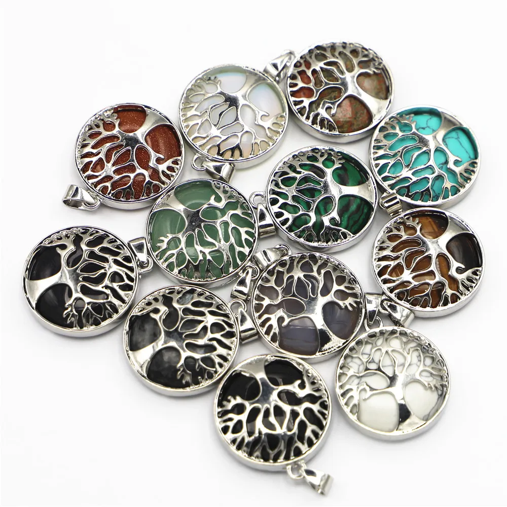 New 12pcs Fashion Natural Stone Alloy Tree of Life Men Pendants Necklace Designer Charms for Jewelry Accessories Marking Bulk