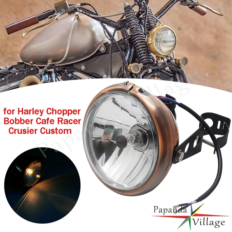 

For Harley Yamaha Cafe Racer Chopper Bobber Custom Motorcycle Vintage Retro Brown Bezel 6" H4 12V Headlight With Mount Bracket