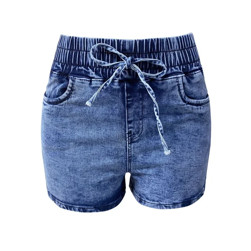Women Stretch Lace-up Elastic Waist Denim Shorts Summer High-Waist